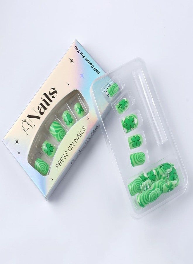 OSTTMA 24Pcs St. Patrick's Day Press on Nails Shamrock Fake Nails Short Square Acrylic Nail with Clover Vortex Cloud Designs Glossy Green Shamrocks Glue on Nails Full Cover Artificial Nail for Women - Image 5